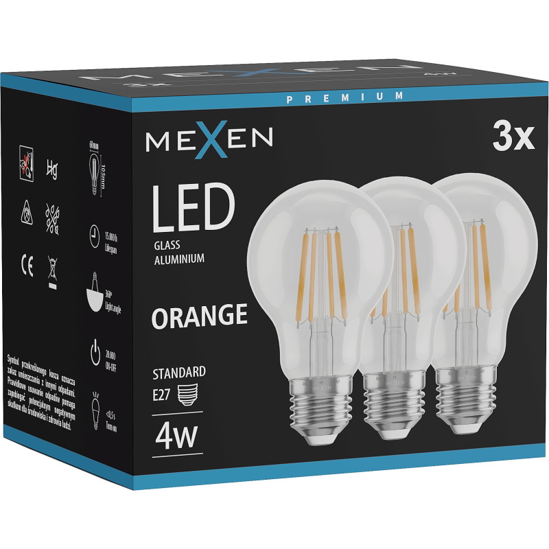 Mexen Vintis 3x LED Filament Glühbirne E27, A60, 4W, 55 lm, orange - L150-E27-04XX-48x03