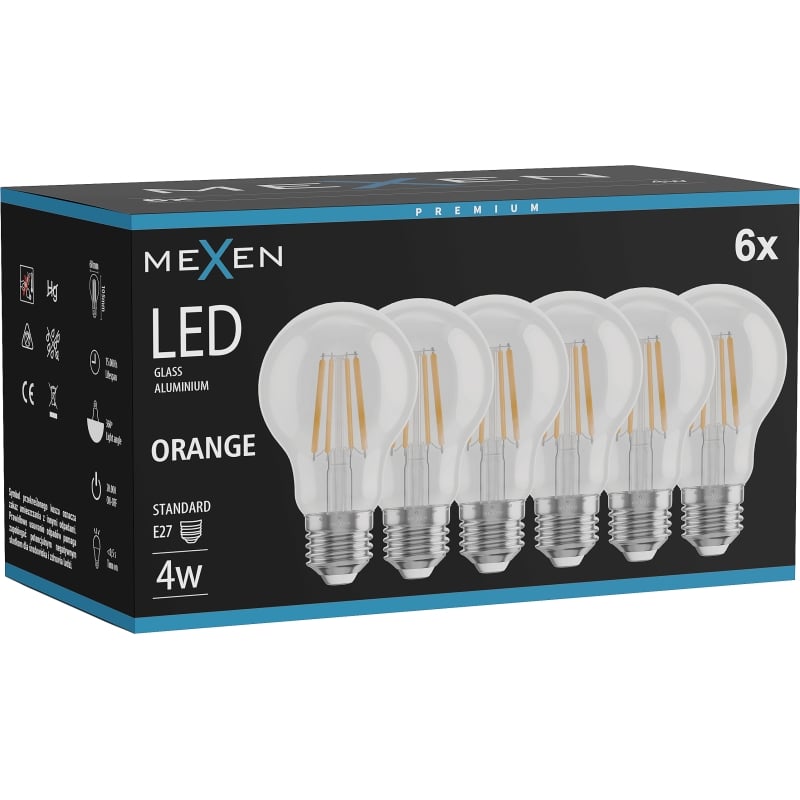 Mexen Vintis 6x LED-Glühbirne Filament E27, A60, 4W, 55 lm, orange - L150-E27-04XX-48x06