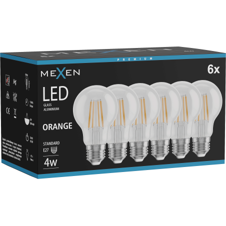 Mexen Vintis 6x LED-Glühbirne Filament E27, A60, 4W, 55 lm, orange - L150-E27-04XX-48x06