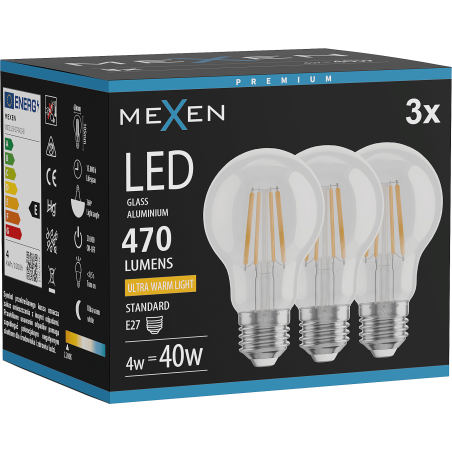 Mexen Vintis 3x LED-Filament-Glühbirne E27, A60, 4W, Warm - 2200K, 470 lm, klar - L150-E27-0422-00x03