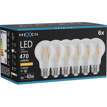Mexen Vintis 6x LED-Filament-Glühbirne E27, A60, 4W, Warm - 2200K, 470 lm, klar - L150-E27-0422-00x06
