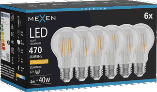 Mexen Vintis 6x LED-Filament-Glühbirne E27, A60, 4W, Warm - 2200K, 470 lm, klar - L150-E27-0422-00x06