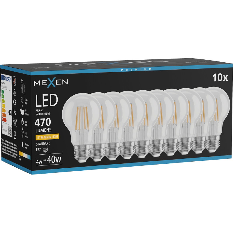 Mexen Vintis 10x LED-Glühbirne Filament E27, A60, 4W, Warm - 2200K, 470 lm, klar - L150-E27-0422-00x10