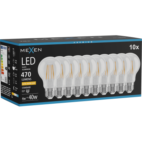 Mexen Vintis 10x LED-Glühbirne Filament E27, A60, 4W, Warm - 2200K, 470 lm, klar - L150-E27-0422-00x10