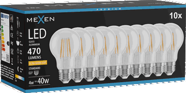 Mexen Vintis 10x LED-Glühbirne Filament E27, A60, 4W, Warm - 2200K, 470 lm, klar - L150-E27-0422-00x10