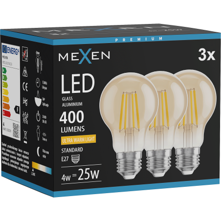 Mexen Vintis 3x LED-Filamentlampe E27, A60, 4W, Warm - 2200K, 400 lm, amber - L150-E27-0422-50x03