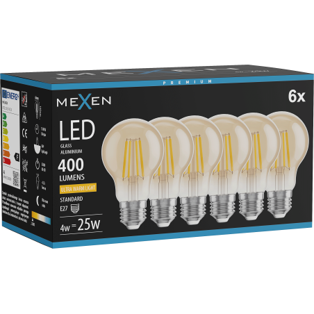 Mexen Vintis 6x Filament-LED-Glühbirne E27, A60, 4W, Warm - 2200K, 400 lm, amber - L150-E27-0422-50x06