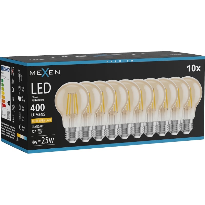 Mexen Vintis 10x LED-Filament-Glühbirne E27, A60, 4W, Warm - 2200K, 400 lm, amber - L150-E27-0422-50x10