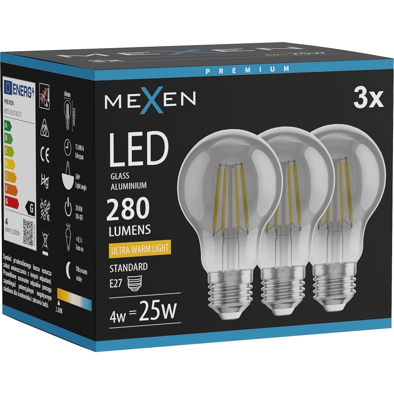 Mexen Vintis 3x LED-Filamentlampe E27, A60, 4W, Warm - 2200K, 280 lm, smoke - L150-E27-0422-70x03