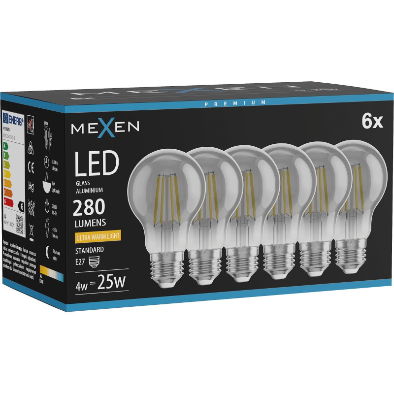 Mexen Vintis 6x Filament-LED-Glühbirne E27, A60, 4W, Warm - 2200K, 280 lm, Rauch - L150-E27-0422-70x06