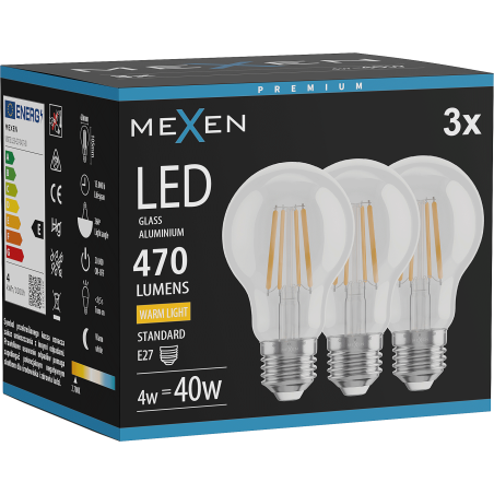 Mexen Vintis 3x LED-Filament-Glühbirne E27, A60, 4W, Warm - 2700K, 470 lm, klar - L150-E27-0427-00x03