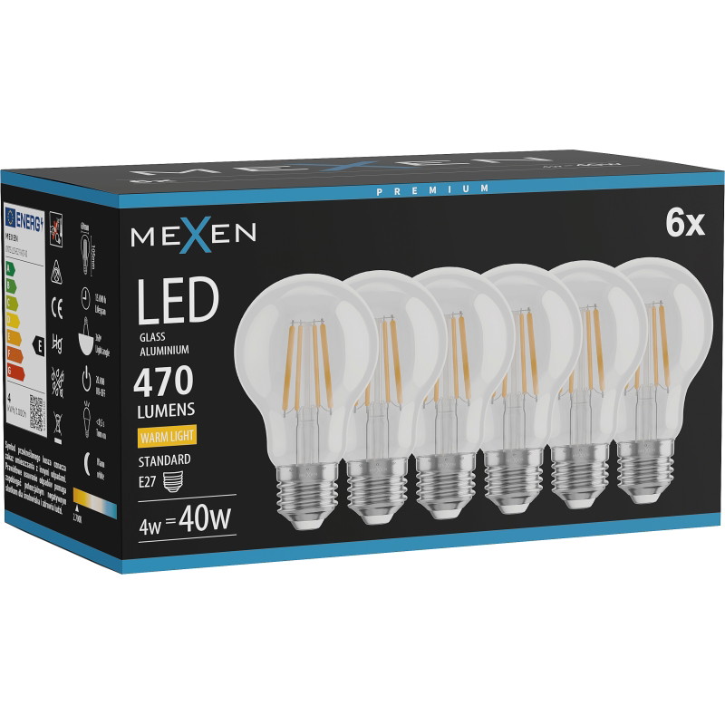 Mexen Vintis 6x LED-Filament-Glühbirne E27, A60, 4W, Warm - 2700K, 470 lm, klar - L150-E27-0427-00x06