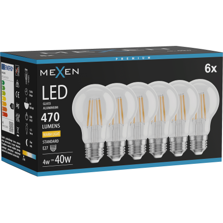 Mexen Vintis 6x LED-Filament-Glühbirne E27, A60, 4W, Warm - 2700K, 470 lm, klar - L150-E27-0427-00x06