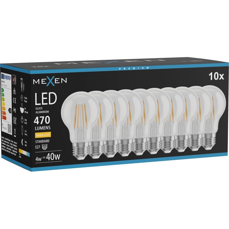 Mexen Vintis 10x LED-Filament-Glühbirne E27, A60, 4W, Warm - 2700K, 470 lm, klar - L150-E27-0427-00x10