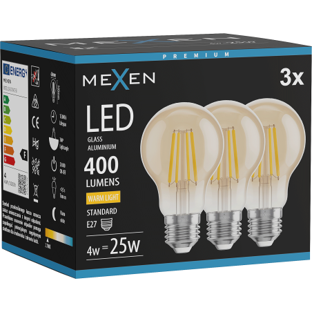 Mexen Vintis 3x LED-Filamentlampe E27, A60, 4W, Warm - 2700K, 400 lm, bernstein - L150-E27-0427-50x03