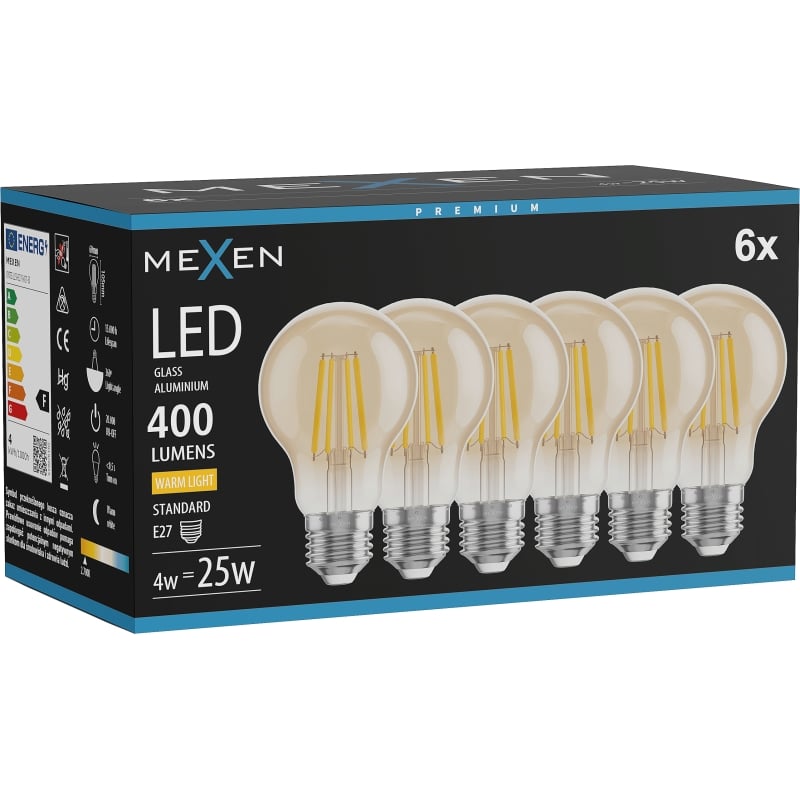 Mexen Vintis 6x LED-Filamentlampe E27, A60, 4W, Warm - 2700K, 400 lm, amber - L150-E27-0427-50x06