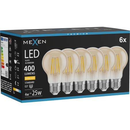 Mexen Vintis 6x LED-Filamentlampe E27, A60, 4W, Warm - 2700K, 400 lm, amber - L150-E27-0427-50x06