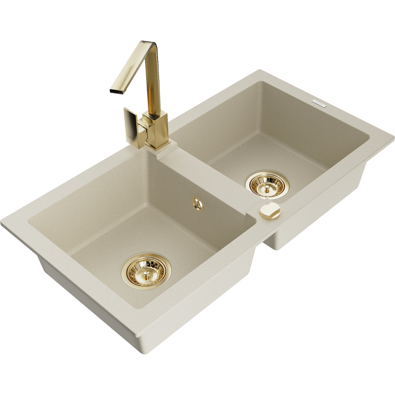 Mexen Mario Granitspüle 2-Kammer mit Küchenarmatur Rita, beige - 6504-69-670300-50