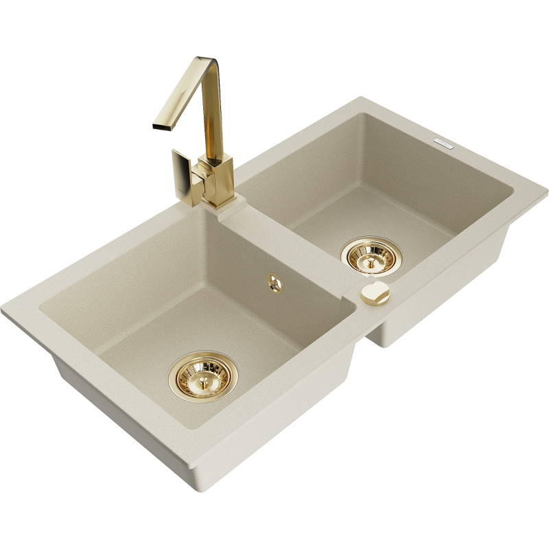 Mexen Mario Granitspüle 2-kommern mit Küchenarmatur Rita, beige - 6504-69-670300-50