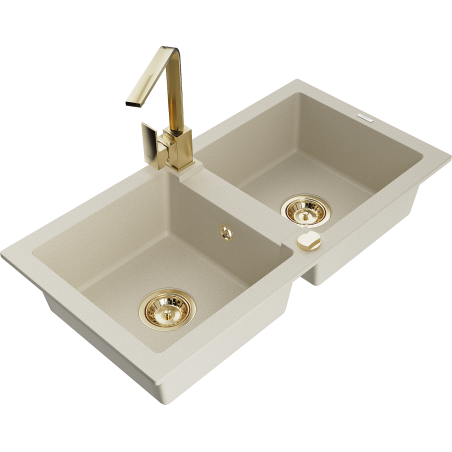 Mexen Mario Granitspüle 2-Kammer mit Küchenarmatur Rita, beige - 6504-69-670300-50