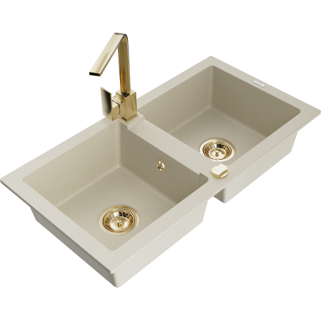 Mexen Mario Granitspüle 2-kommern mit Küchenarmatur Rita, beige - 6504-69-670300-50