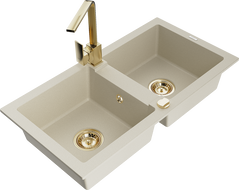 Mexen Mario Granitspüle 2-Kammer mit Küchenarmatur Rita, beige - 6504-69-670300-50