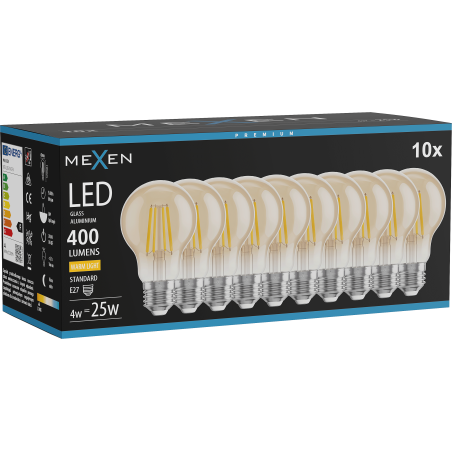 Mexen Vintis 10x LED-Filamentlampe E27, A60, 4W, Warm - 2700K, 400 lm, amber - L150-E27-0427-50x10