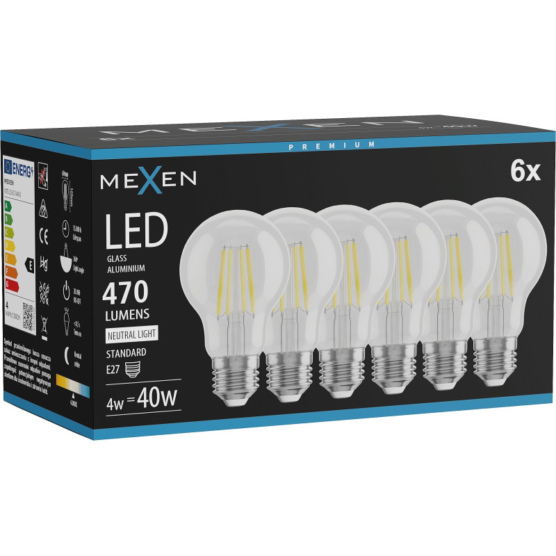 Mexen Vintis 6x LED-Filamentlampe E27, A60, 4W, Neutral - 4000K, 470 lm, klar - L150-E27-0440-00x06