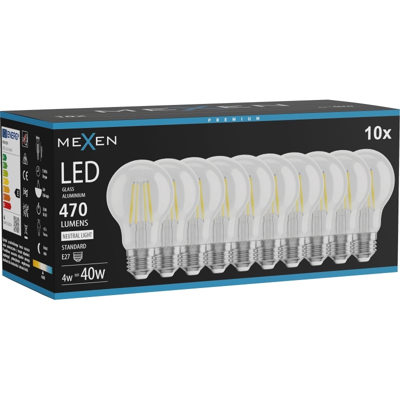 Mexen Vintis 10x LED-Filament-Glühbirne E27, A60, 4W, Neutral - 4000K, 470 lm, klar - L150-E27-0440-00x10