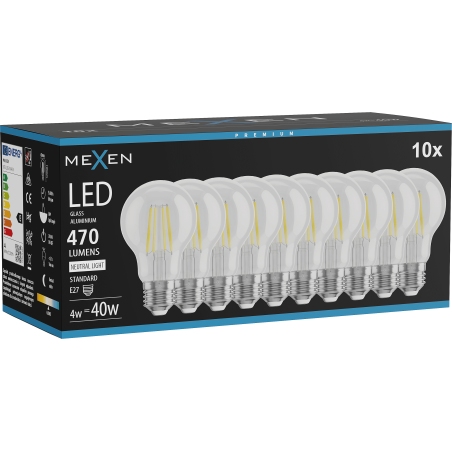 Mexen Vintis 10x LED-Filament-Glühbirne E27, A60, 4W, Neutral - 4000K, 470 lm, klar - L150-E27-0440-00x10