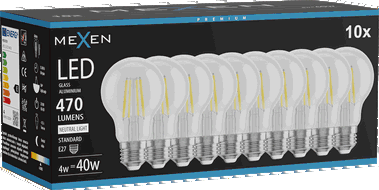 Mexen Vintis 10x LED-Filament-Glühbirne E27, A60, 4W, Neutral - 4000K, 470 lm, klar - L150-E27-0440-00x10