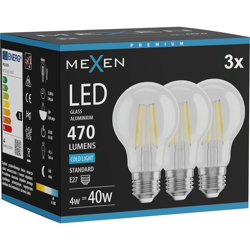 Mexen Vintis 3x LED-Filament-Glühbirne E27, A60, 4W, Kalt - 6500K, 470 lm, klar - L150-E27-0465-00x03