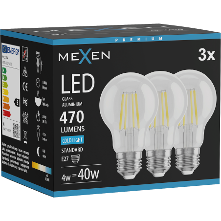 Mexen Vintis 3x LED-Filament-Glühbirne E27, A60, 4W, Kalt - 6500K, 470 lm, klar - L150-E27-0465-00x03