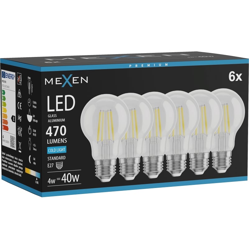 Mexen Vintis 6x Filament LED-Birne E27, A60, 4W, Kalt - 6500K, 470 lm, klar - L150-E27-0465-00x06