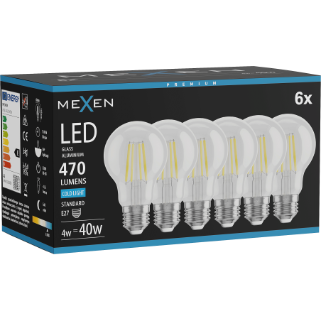 Mexen Vintis 6x Filament LED-Birne E27, A60, 4W, Kalt - 6500K, 470 lm, klar - L150-E27-0465-00x06
