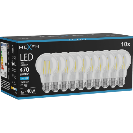 Mexen Vintis 10x LED-Filament-Glühbirne E27, A60, 4W, Kalt - 6500K, 470 lm, klar - L150-E27-0465-00x10
