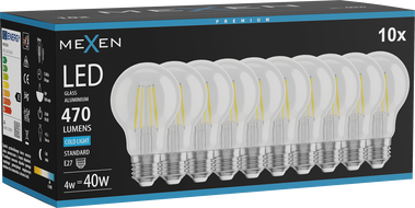 Mexen Vintis 10x LED-Filament-Glühbirne E27, A60, 4W, Kalt - 6500K, 470 lm, klar - L150-E27-0465-00x10