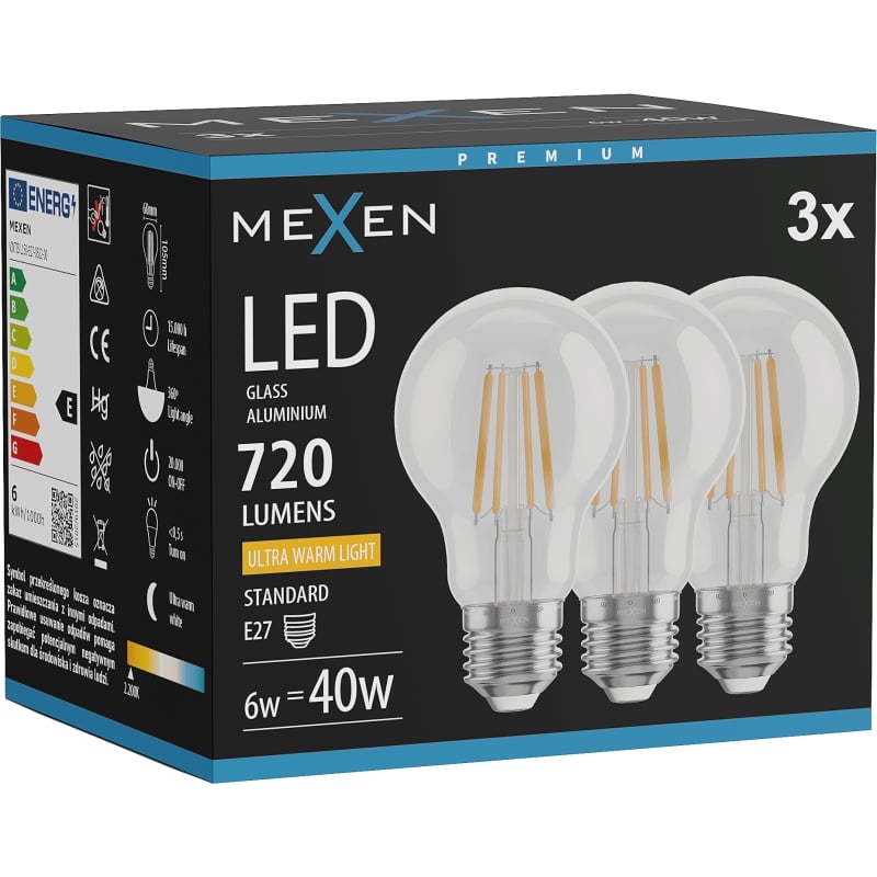 Mexen Vintis 3x LED-Filamentlampe E27, A60, 6W, Warm - 2200K, 720 lm, klar - L150-E27-0622-00x03