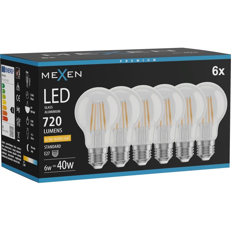 Mexen Vintis 6x LED-Filamentlampe E27, A60, 6W, Warm - 2200K, 720 lm, klar - L150-E27-0622-00x06