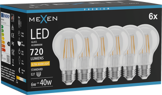 Mexen Vintis 6x LED-Filamentlampe E27, A60, 6W, Warm - 2200K, 720 lm, klar - L150-E27-0622-00x06