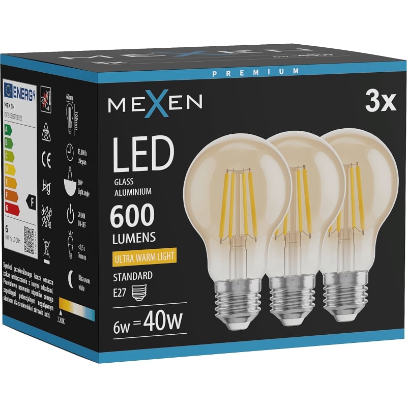 Mexen Vintis 3x LED-Filamentlampe E27, A60, 6W, Warm - 2200K, 600 lm, amber - L150-E27-0622-50x03