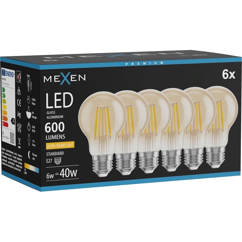 Mexen Vintis 6x LED-Filamentlampe E27, A60, 6W, Warm - 2200K, 600 lm, amber - L150-E27-0622-50x06