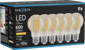 Mexen Vintis 6x LED-Filamentlampe E27, A60, 6W, Warm - 2200K, 600 lm, amber - L150-E27-0622-50x06