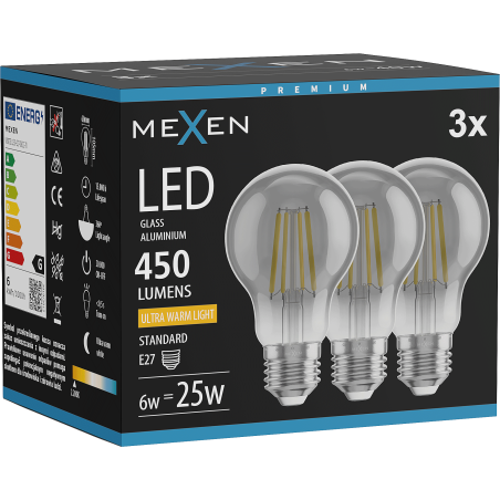 Mexen Vintis 3x LED-Filament-Glühlampe E27, A60, 6W, Warm - 2200K, 450 lm, Smoke - L150-E27-0622-70x03