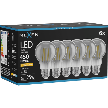 Mexen Vintis 6x LED-Filament-Glühbirne E27, A60, 6W, Warm - 2200K, 450 lm, Rauch - L150-E27-0622-70x06