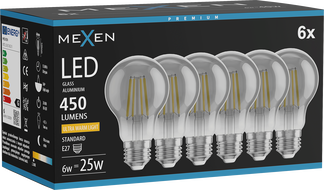 Mexen Vintis 6x LED-Filament-Glühbirne E27, A60, 6W, Warm - 2200K, 450 lm, Rauch - L150-E27-0622-70x06