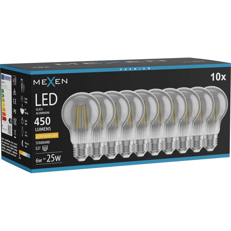 Mexen Vintis 10x LED-Filament-Glühbirne E27, A60, 6W, Warm - 2200K, 450 lm, Rauch - L150-E27-0622-70x10