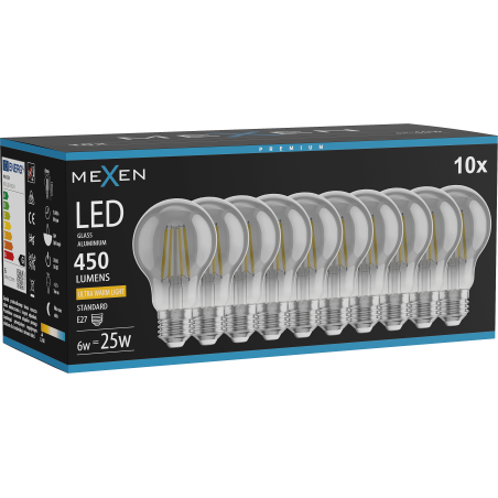 Mexen Vintis 10x LED-Filament-Glühbirne E27, A60, 6W, Warm - 2200K, 450 lm, Rauch - L150-E27-0622-70x10