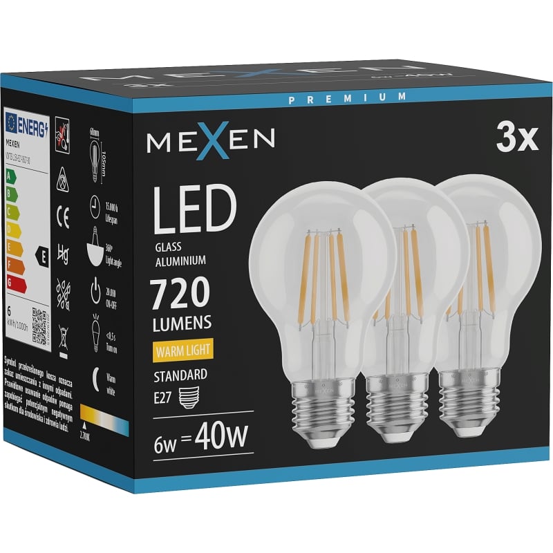 Mexen Vintis 3x LED-Filament-Glühbirne E27, A60, 6W, Warm - 2700K, 720 lm, klar - L150-E27-0627-00x03