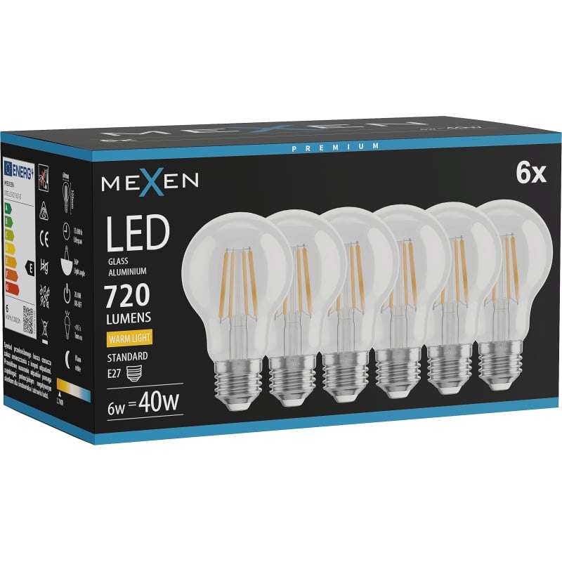 Mexen Vintis 6x LED-Filament-Lampe E27, A60, 6W, Warm - 2700K, 720 lm, klar - L150-E27-0627-00x06
